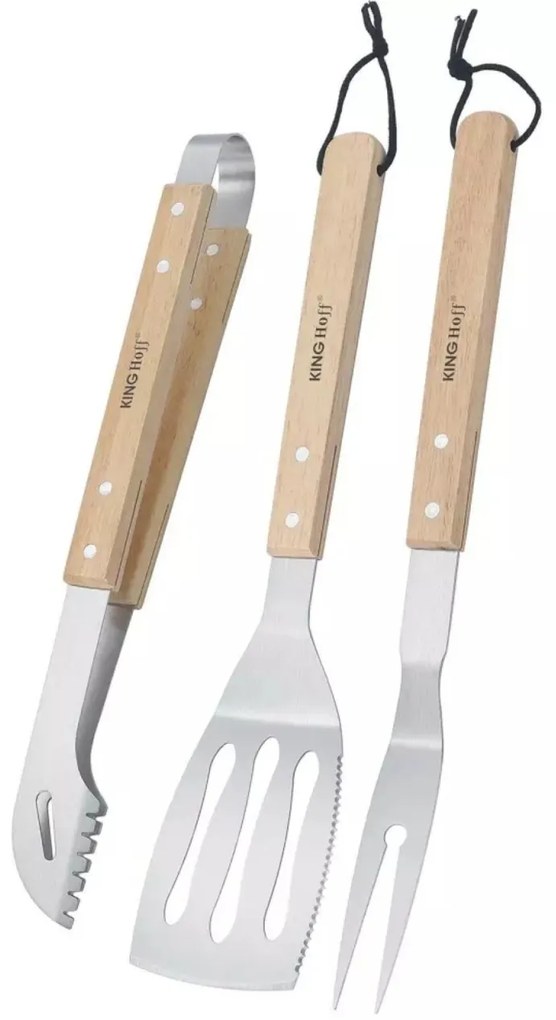 Set 3 ustensile pentru gratar Kinghoff KH1918, inox, manere din lemn