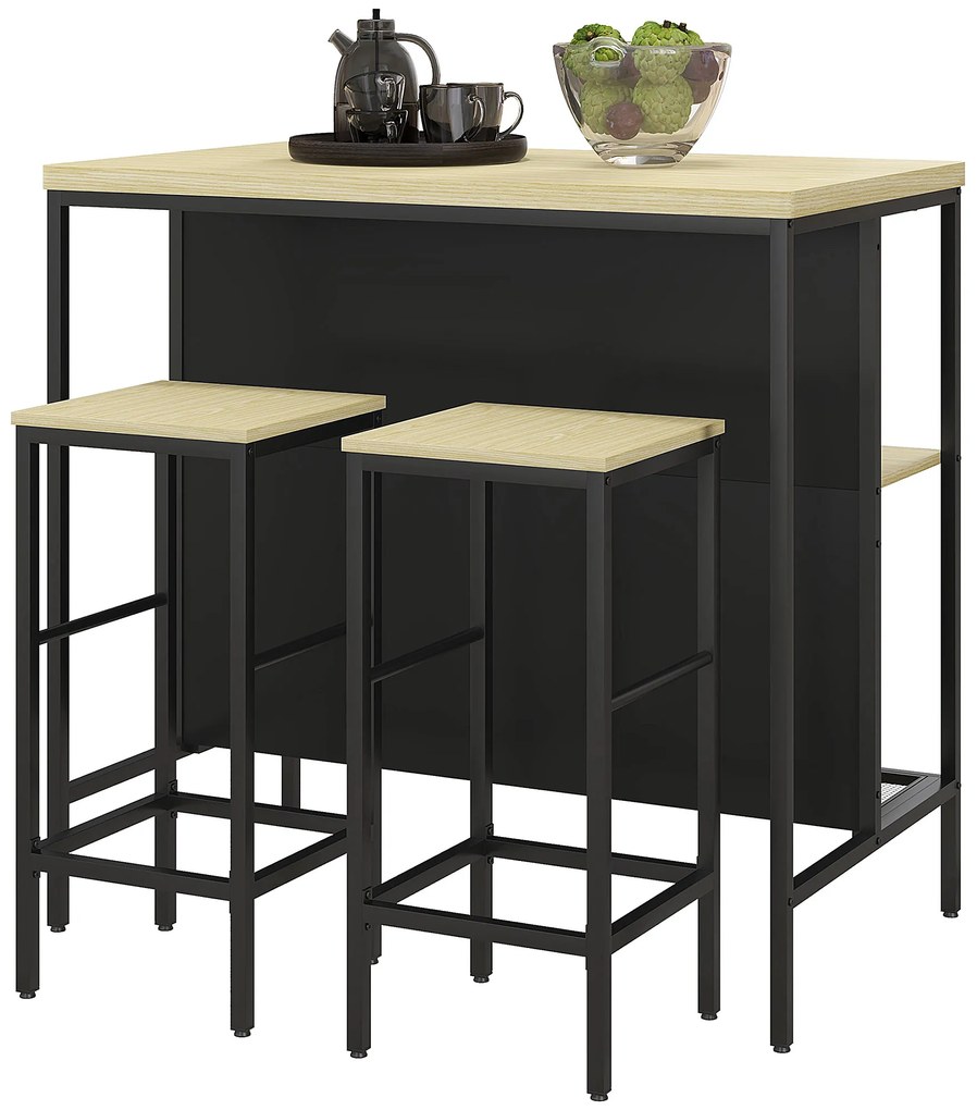 HOMCOM Set masă de bar și 2 taburete de stil industrial cu raft de depozitare, suporturi pentru picioare, metal negru și aspect lemn | Aosom Romania