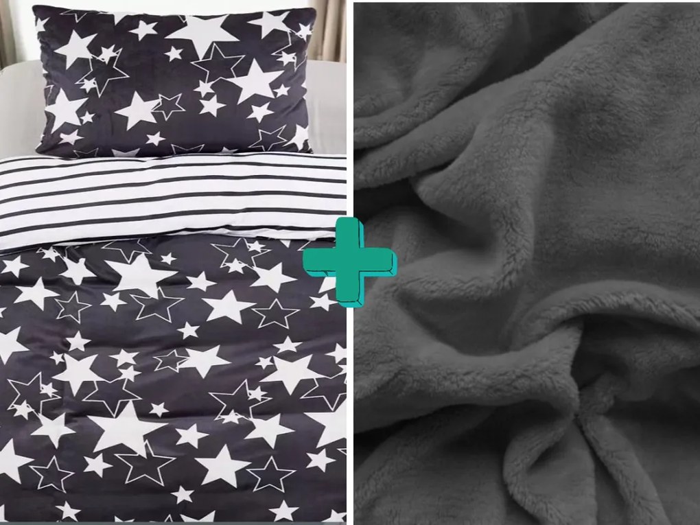 Lenjerie de pat din microplus STARS gri + cearceaf din microplus SOFT 90x200 cm gri inchis