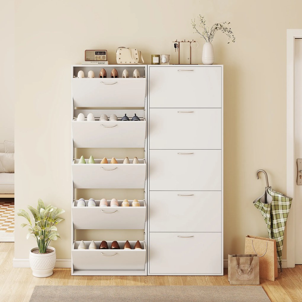 HOMCOM Dulap pentru Pantofi Subțire cu 5 Uși 65x17x180,5 cm în Lemn Alb | Aosom Romania