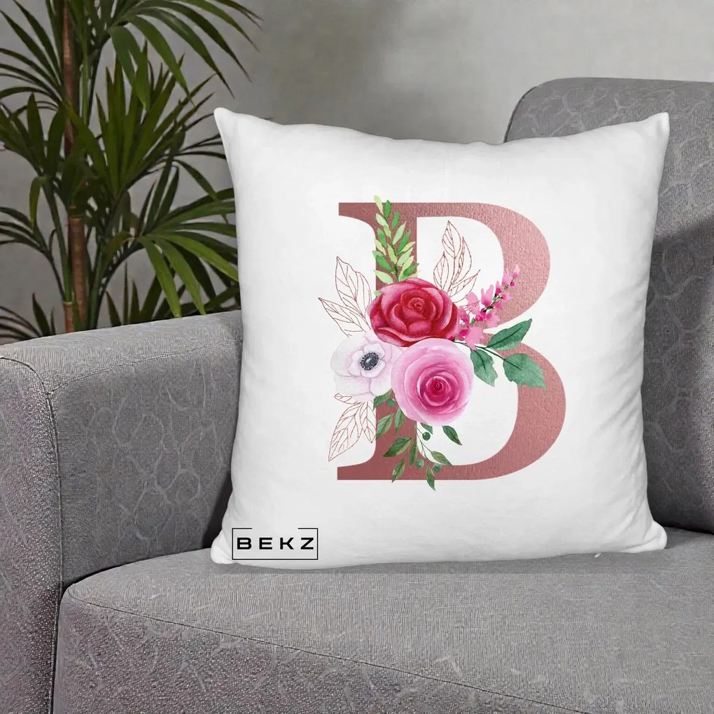 Cadou Personalizat - Perna Personalizata Monograma Rose Gold Litera B, 40x40 cm, Alb Pufos, Husa Detasabila, Perna Inclusa, BEKZ®