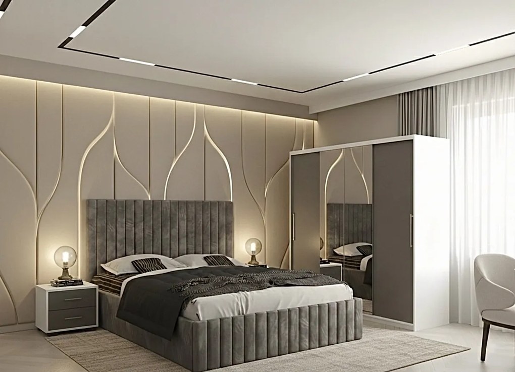 Set dormitor Cairo Gri cu Dulap Londra 200 Alb/Gri