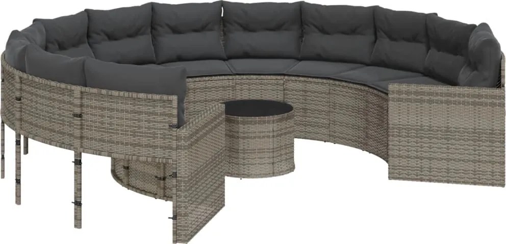 vidaXL Canapea de grădină cu masă/perne, rotundă, gri, poliratan