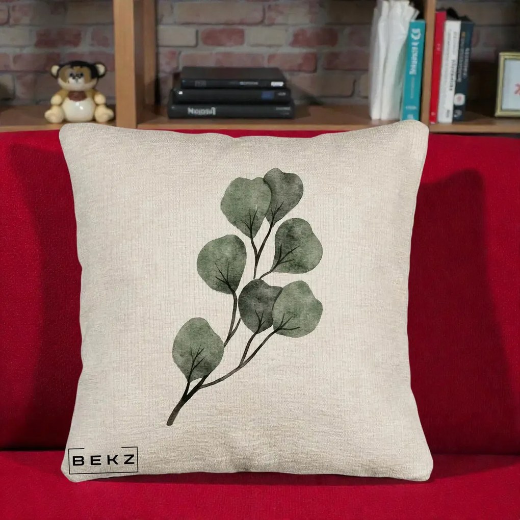 Perna Decorativa Ramura Eucalipt Acuarela, 40x40 cm, Bej Canapea, Husa Detasabila, Perna Inclusa, BEKZ®