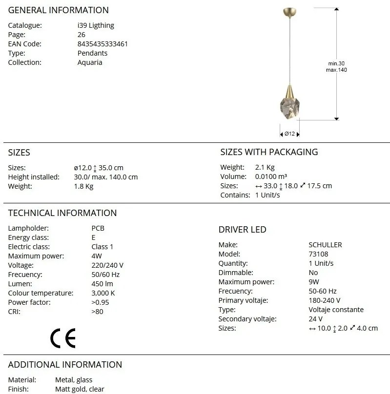 Lustra / Pendul LED design modern decorativ Aquaria auriu