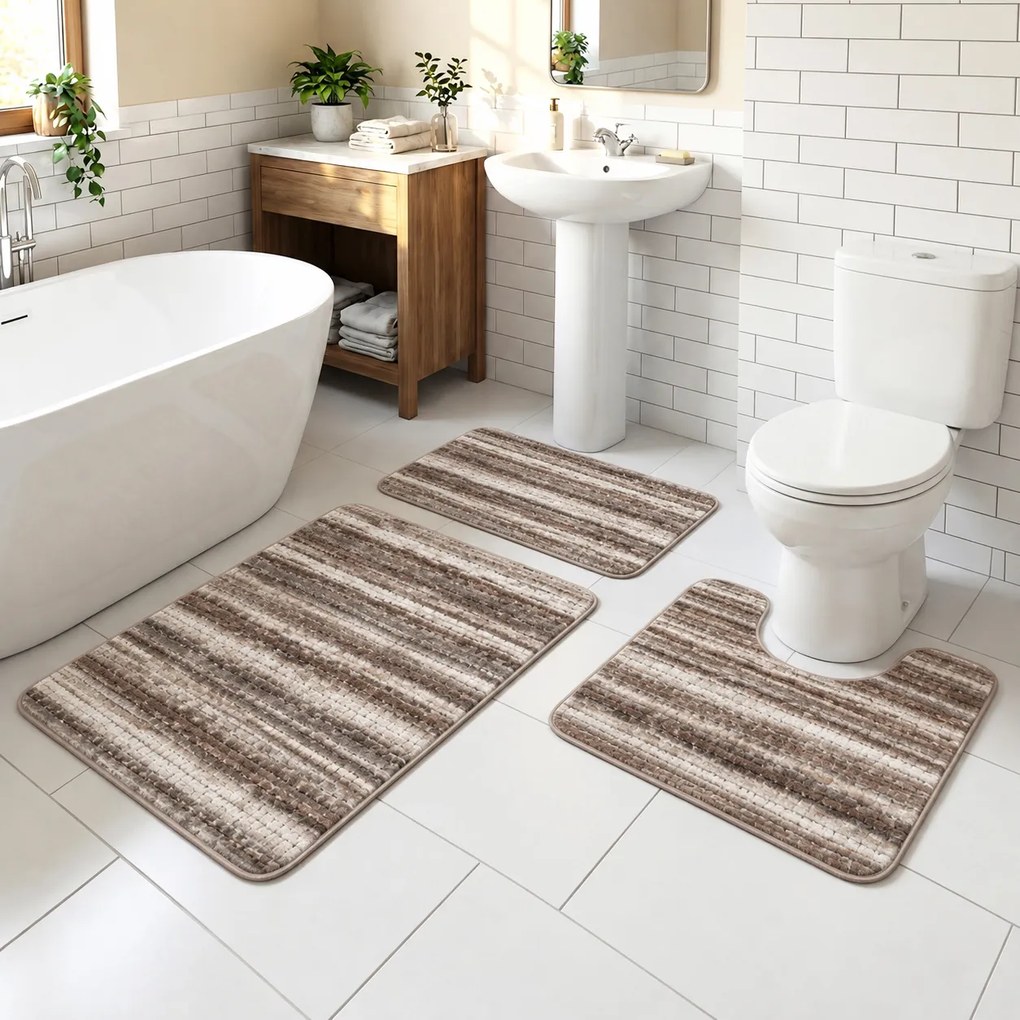 Set covoare baie antiderapante, 3 piese, model dungi, maro-bej, CBA426