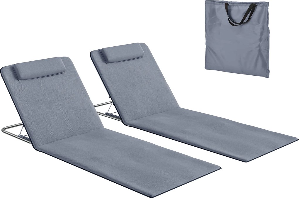 Outsunny Set de 2 Saltele cu Spătar Rabatabil, Suport pentru Cap și Geantă de Transport 134x48x33-43 cm Gri | Aosom Romania