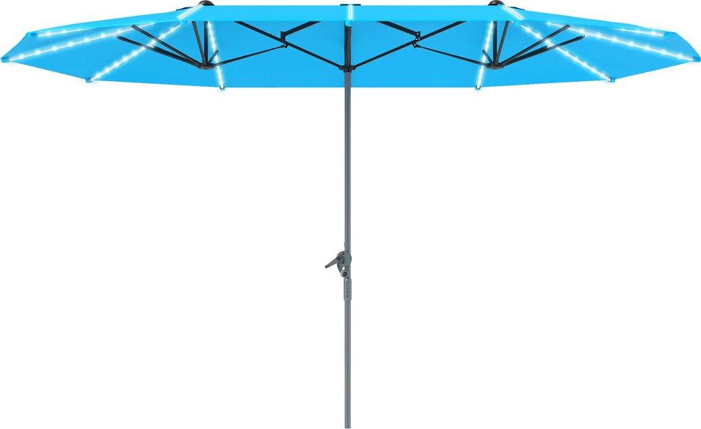 Outsunny Umbrelă dublă cu lumini solare, aluminiu, poliester, protecție UPF50+, rezistentă la UV, umbrelă pentru terasă, Albastru | Aosom Romania