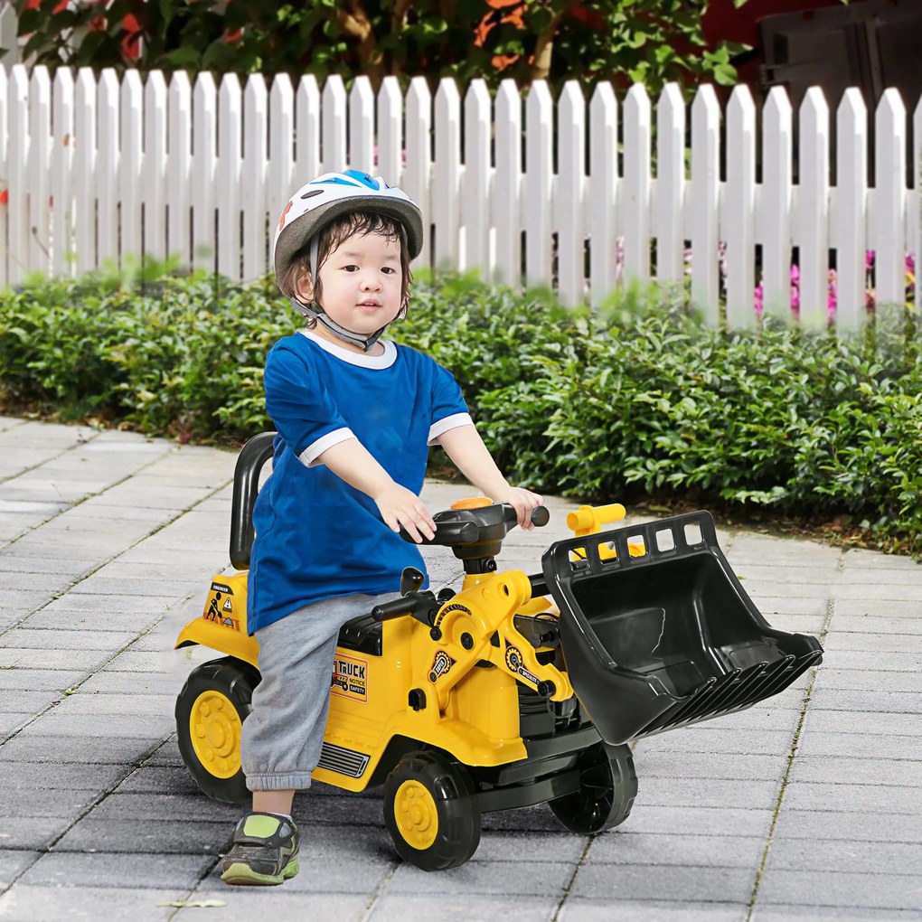 HOMCOM Excavator pentru Copii cu Cupă, Spătar și Spațiu de Depozitare Ascuns, Buldozer de Jucărie în PP și ABS, 80x26.5x39 cm, Galben și Negru | Aosom Romania