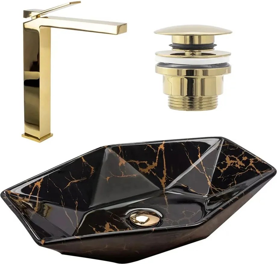 Set lavoar pe blat Rea Vegas negru marmura + baterie Duet + ventil Click-Clack universal