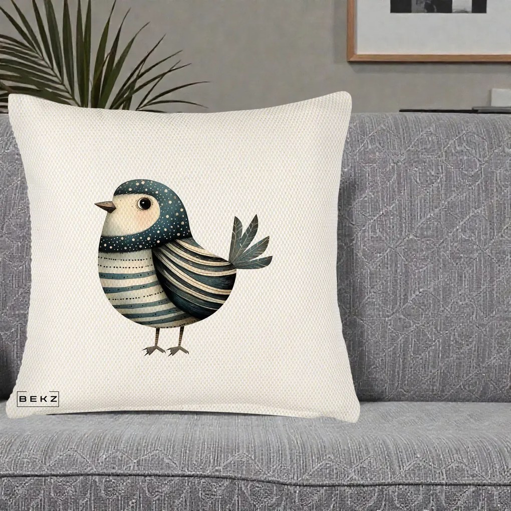 Perna Decorativa Pasare Teal Decorativa Dungata, 40x40 cm, Crem Reliefat, Husa Detasabila, Perna Inclusa, BEKZ®