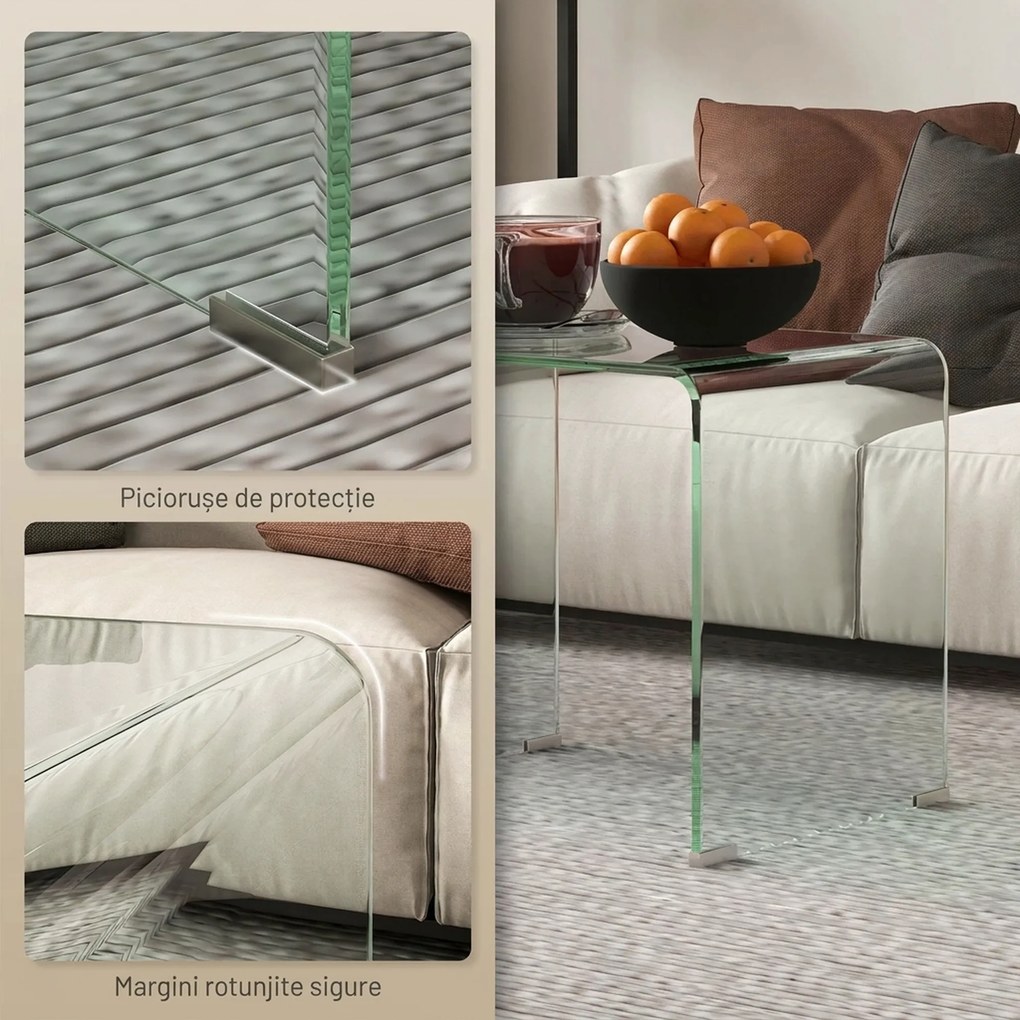 HOMCOM Măsuță de Cafea Modernă cu Picioare Antiderapante, Măsuță din Sticlă Securizată, 50x40x45 cm, Transparentă, Design Elegant | Aosom Romania