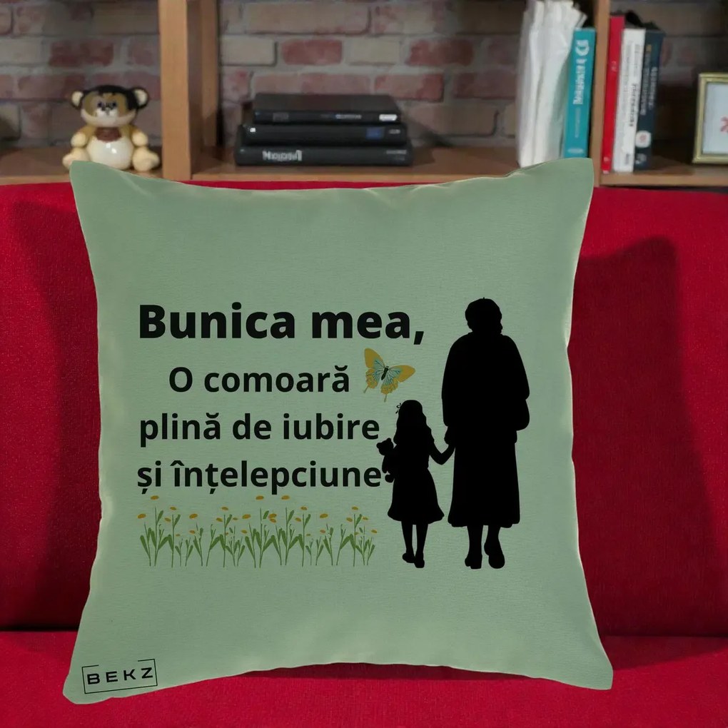 Perna personalizata bunica: Bunica mea, o comoara, cu nepoata, 40x40 cm cu Umplutura, Verde, BEKZ