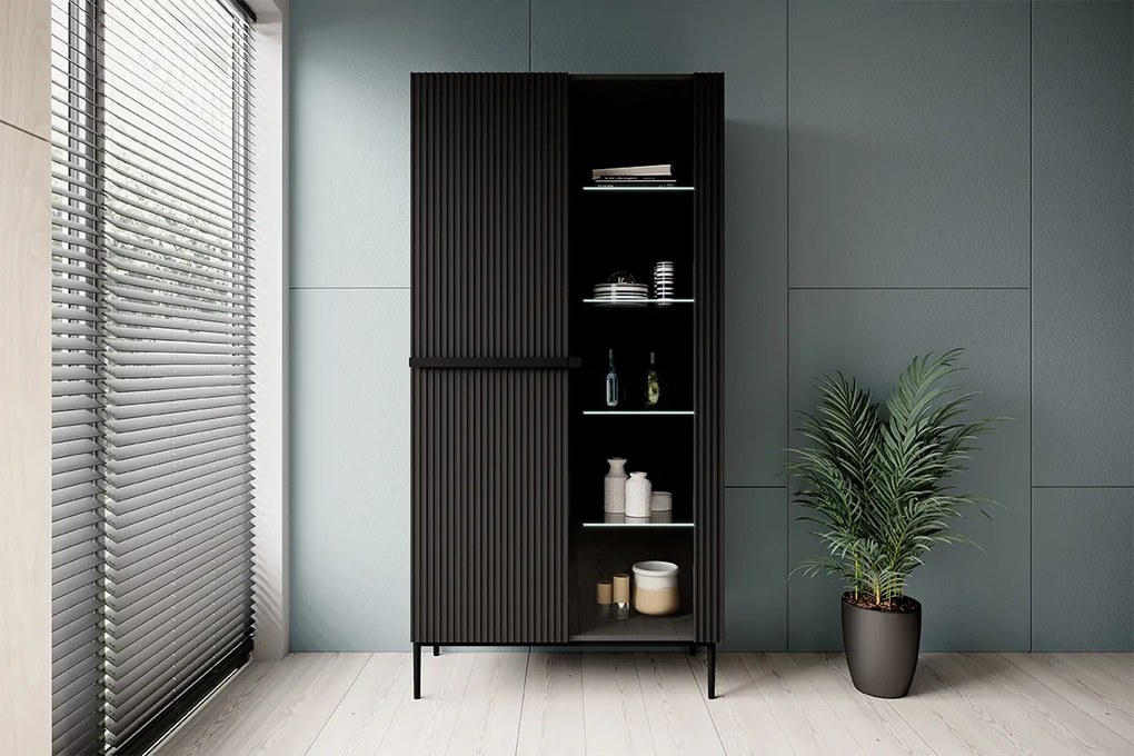 Vitrina Nicole 100 cm cu fata canelata - negru mat