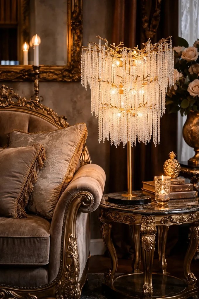 Lampă de masă din metal, auriu, cu cristale din sticlă, 105 x 71 cm, „Cascade”