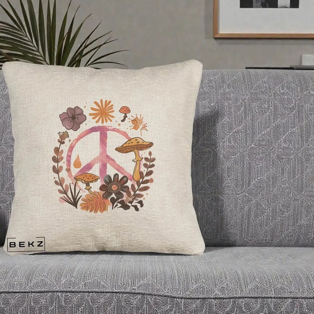Perna Decorativa Peace Ciuperci Boho, 40x40 cm, Bej Canapea, Husa Detasabila, Perna Inclusa, BEKZ®