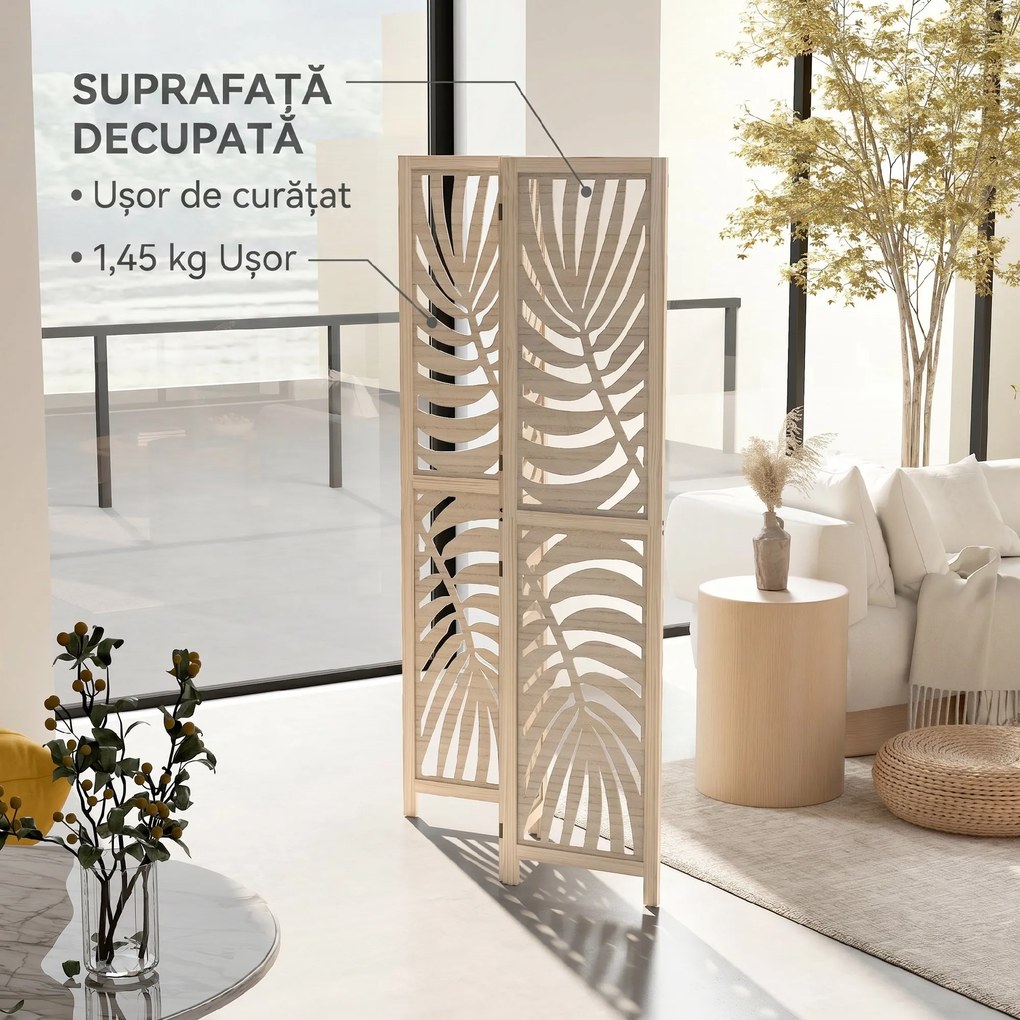 HOMCOM Paravan cu 3 Panouri, Separator Pliabil cu Design Frunze pentru Interior, Finisaj Natural | Aosom Romania