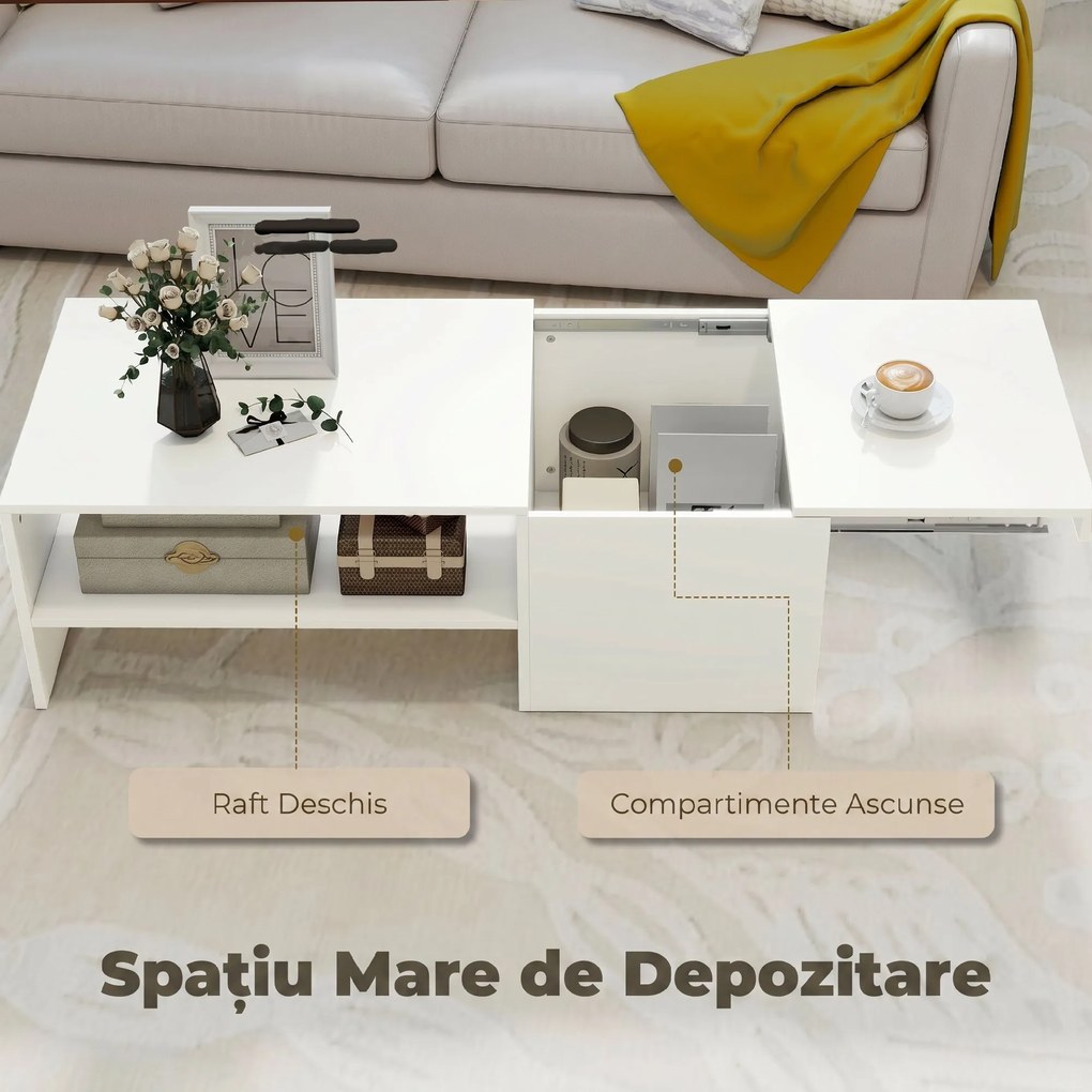HOMCOM Măsuță de Cafea din Lemn cu Blat Glisant și Raft Deschis și Ascuns, 110x52x36 cm, Alb | Aosom Romania