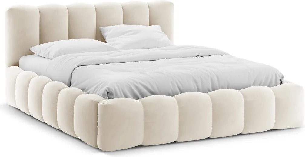 Pat tapitat cu somiera rabatabila si lada depozitare, 200x200 cm, Micadoni Home, Lupine-88, catifea, bej