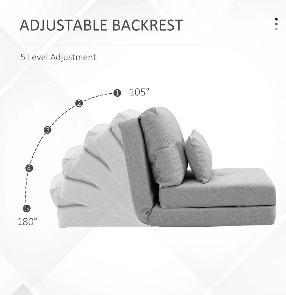 HOMCOM Fotoliu Pat 3 în 1 Convertibilă în Șezlong și Divan de Pe Podea cu 2 Perni, Gri Deschis | Aosom Romania