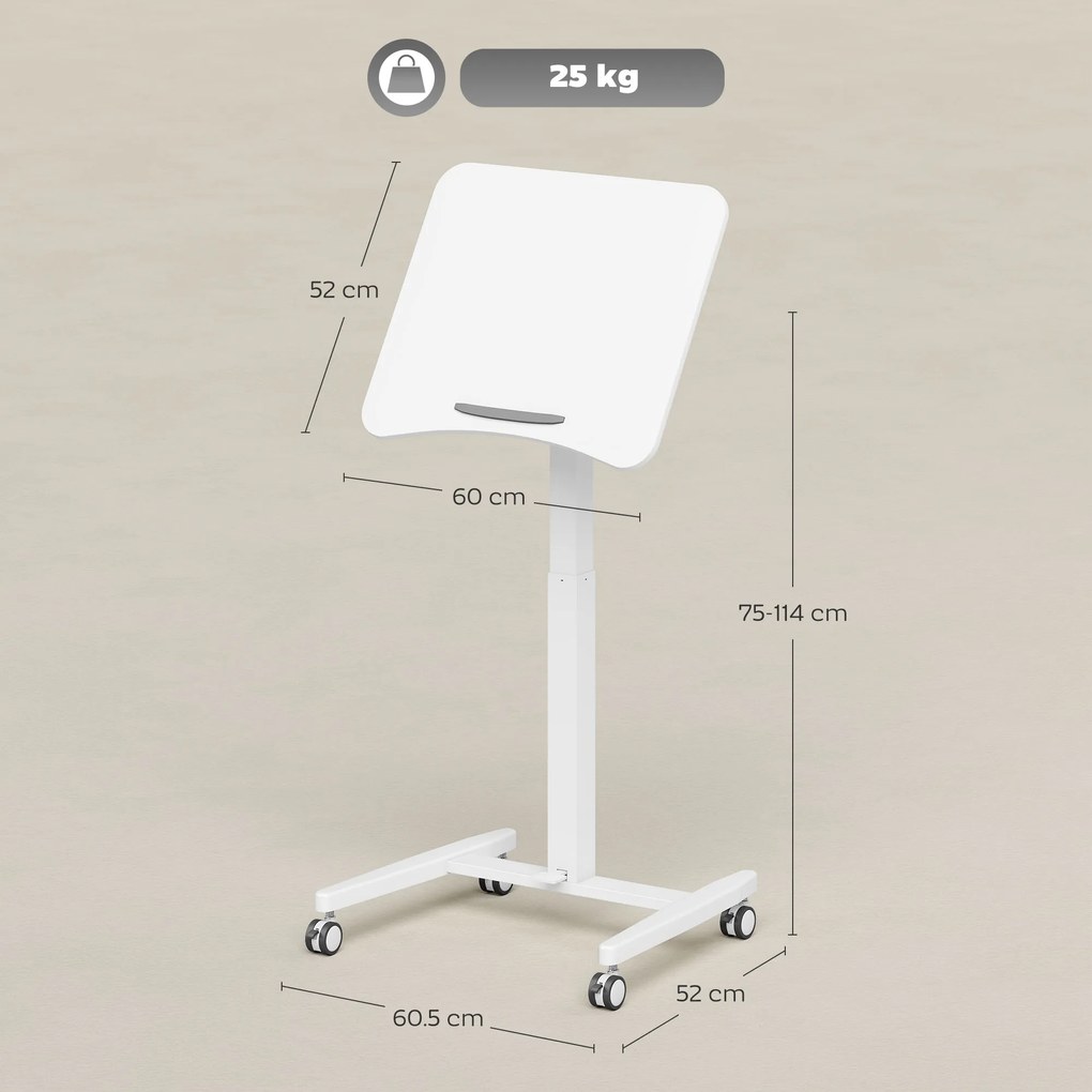 HOMCOM Birou Reglabil pe Înălțime, Blat Inclinabil, Roți și Cadru din Oțel, 60,5 x 52 x 75-114 cm, Alb | Aosom Romania