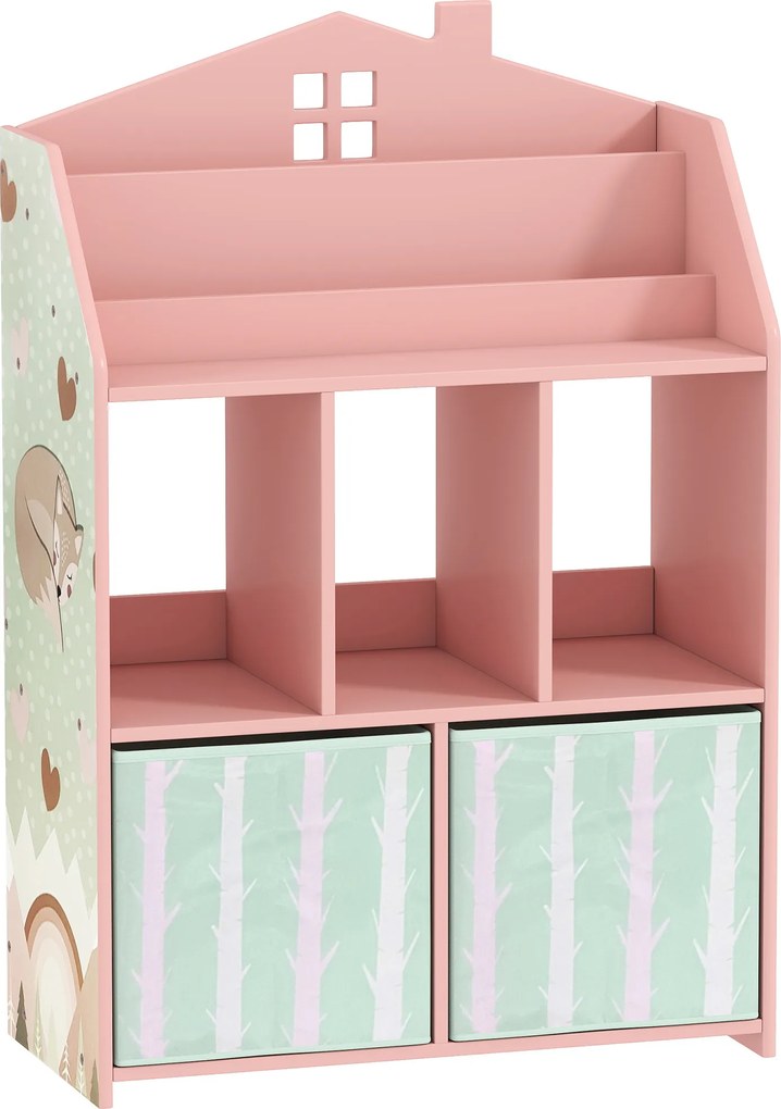 AIYAPLAY Raft pentru jucării pentru copii cu sertare din material textil rafturi deschise design cu vulpi organizator de jucării roz | Aosom Romania