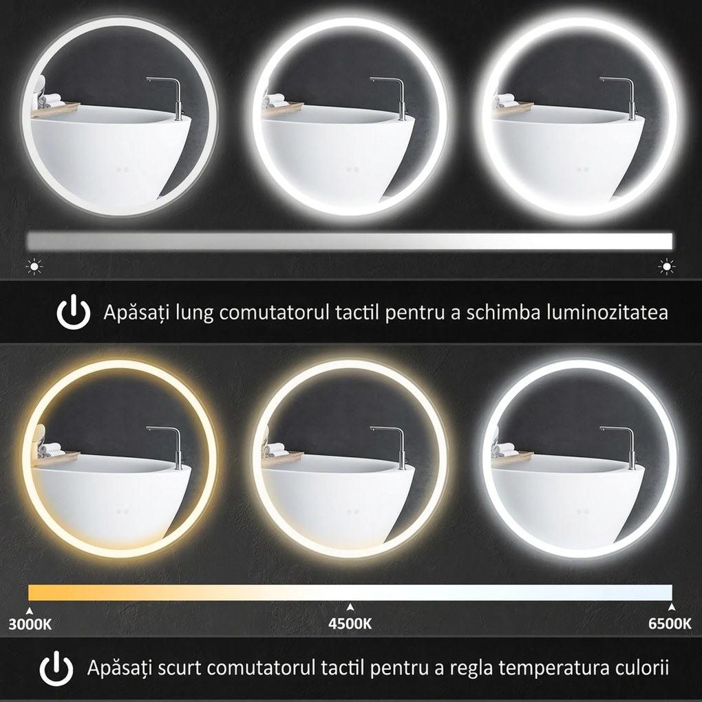 kleankin Oglindă de baie rotundă cu LED 80 cm, 3 culori, 3000-6500K, comenzi touch, memorie, antiaburire | Aosom Romania