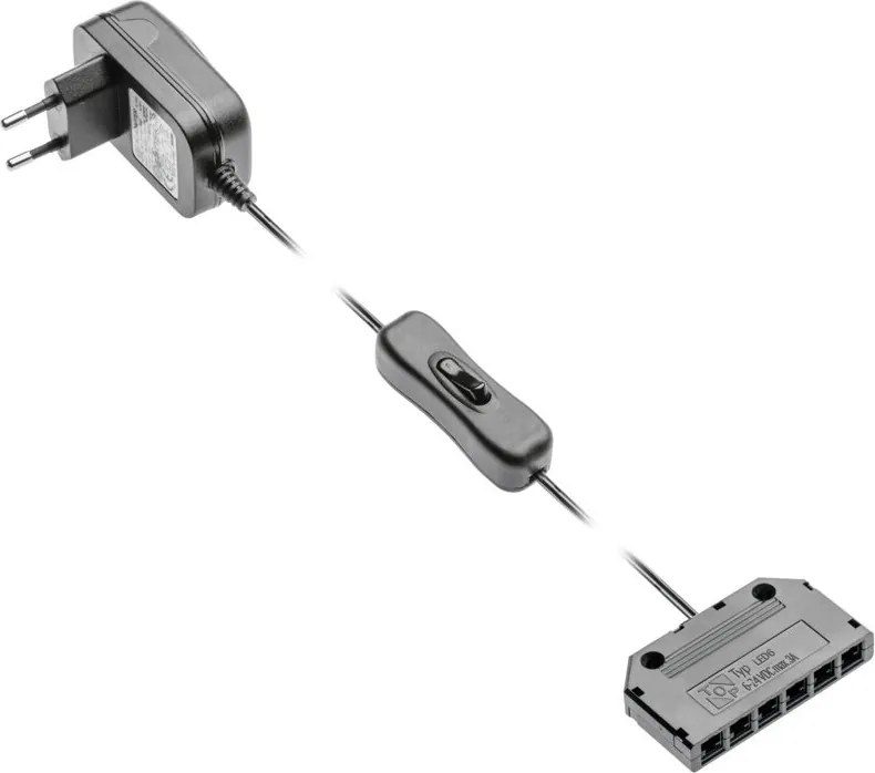 Set transformator GTV pentru bandă LED, 12W, 12V, IP20, cu întrerupător și distribuitor 6 x Mini AMP 12 W, 12 V, Plastic