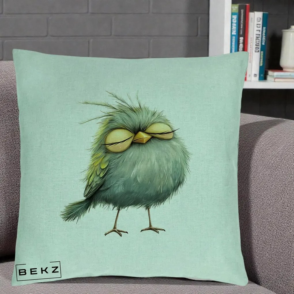 Perna Decorativa Pasare Teal Adormita cu Ochi Galbeni, 40x40 cm, Verde Menta, Husa Detasabila, Perna Inclusa, BEKZ®