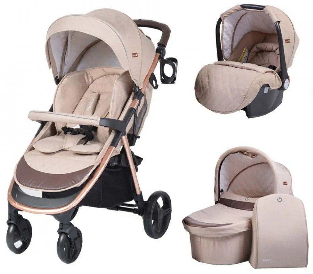 Carucior nou nascuti 3 in 1 NOVOKIDS™ Noble Deluxe, Cadru Aluminiu Gold , Amortizoare, Roti din cauciuc plin AVE, Landou, Scoica auto, Spatar