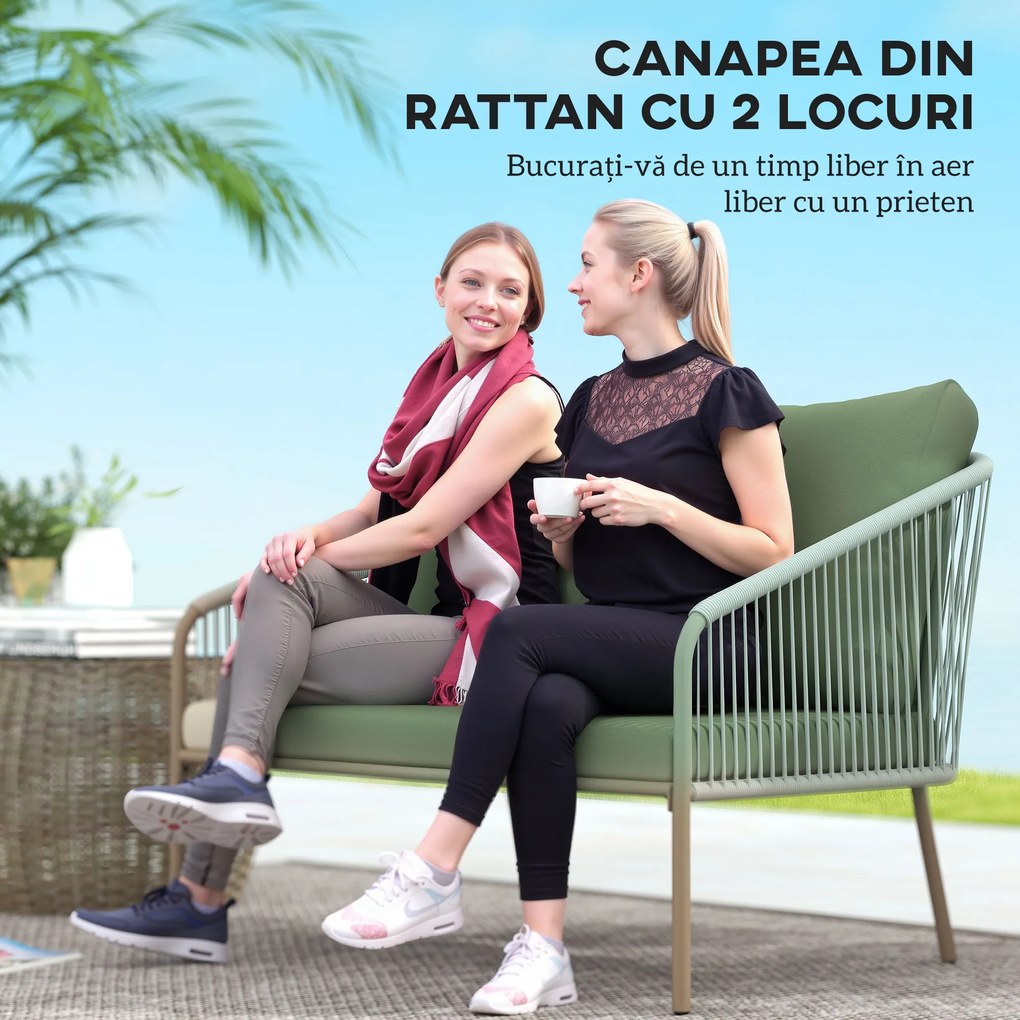 Outsunny Canapea de Grădină cu 2 Locuri, Perne Detașabile, Brațe și Cadru din Oțel, 112x72x76 cm, Verde | Aosom Romania