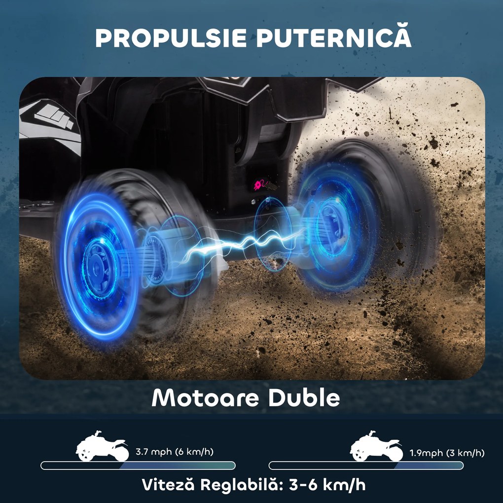 HOMCOM ATV Electric pentru Copii, Motocicletă pentru Copii cu Motor Dublu, 2 Viteze, Roți Late și Faruri LED, 83x53x55.5 cm, Alb | Aosom Romania