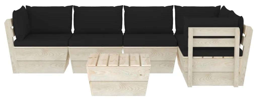 Set mobilier gradina din paleti cu perne, 6 piese, lemn molid Negru, 2x mijloc + 3x colt + masa, 1