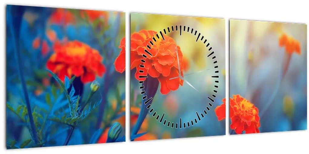 Tablou - Flori portocalii (cu ceas) (90x30 cm)