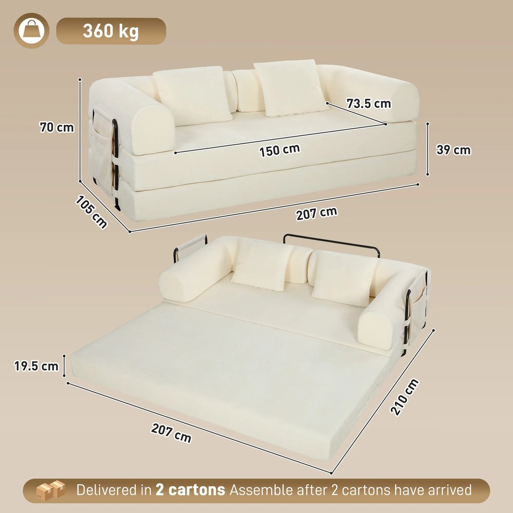 HOMCOM Canapea extensibilă 3 locuri 5 în 1, pliabilă, cu 2 perne din chenille, umplutură groasă, fără montaj, alb | Aosom Romania