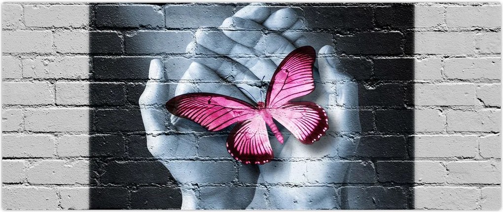 Tablou - Fluture roz în perete (120x50 cm)