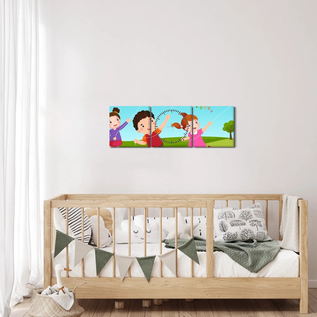 Tablou - Copii cu zmeu (cu ceas) (90x30 cm)
