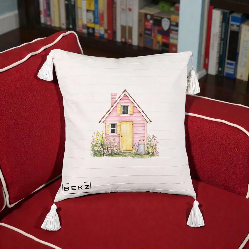 Perna Decorativa Casuta Roz Acuarela cu Gradina, 40x40 cm, Bej cu Franjuri, Husa Detasabila, Perna Inclusa, BEKZ®