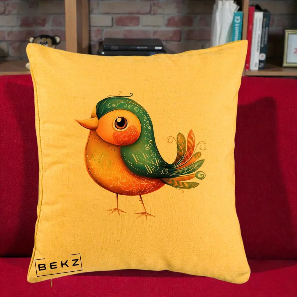 Perna Decorativa Pasare Folk Art Portocalie-Teal, 40x40 cm, Galben, Husa Detasabila, Perna Inclusa, BEKZ®