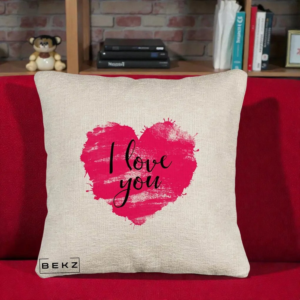 Cadou Romantic - Perna Personalizata I Love You Inima Roz, 40x40 cm, Bej Canapea, Husa Detasabila, Perna Inclusa, BEKZ®