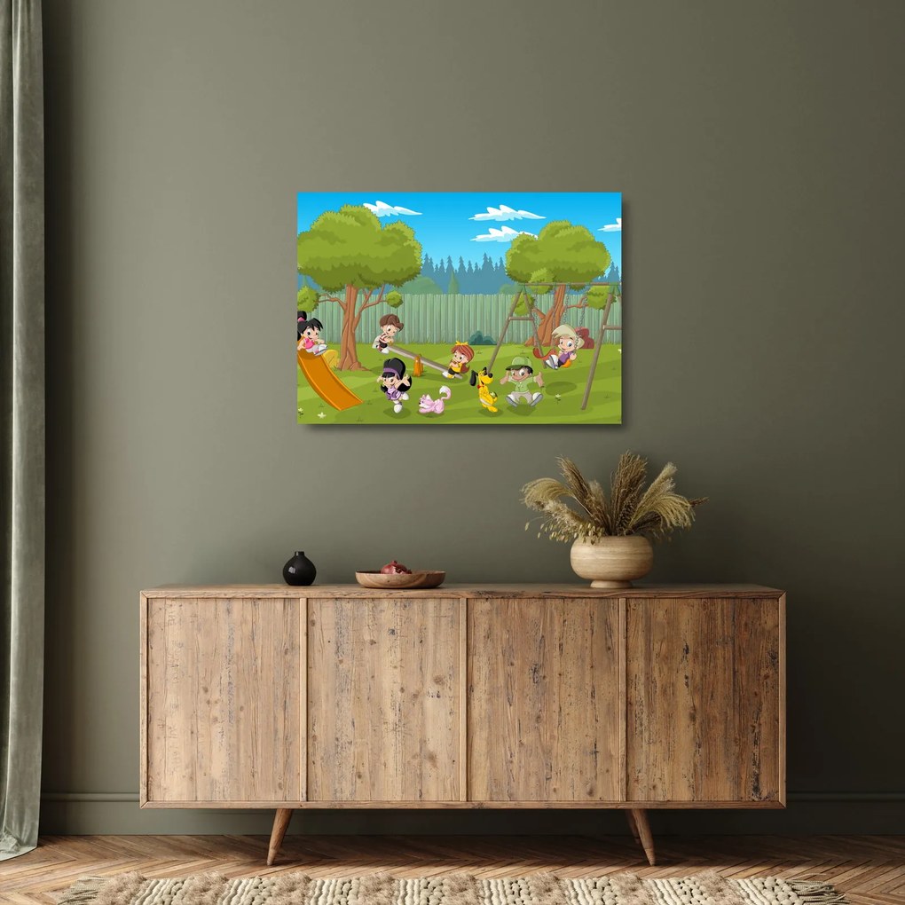 Tablou pe sticlă - Copii la locul de joacă (70x50 cm)