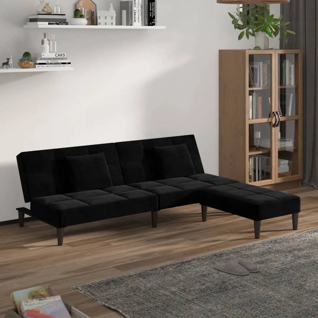 3080630 vidaXL Canapea extensibilă 2 locuri, 2 perne/taburet, negru, catifea
