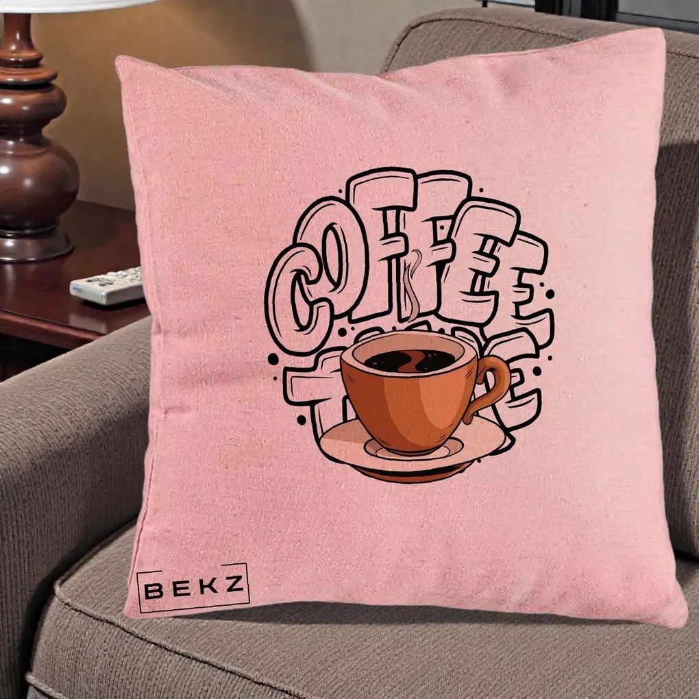 Perna Personalizata COFFEE cu Cana, 40x40 cm, Roz, Husa Detasabila, Perna Inclusa, BEKZ®