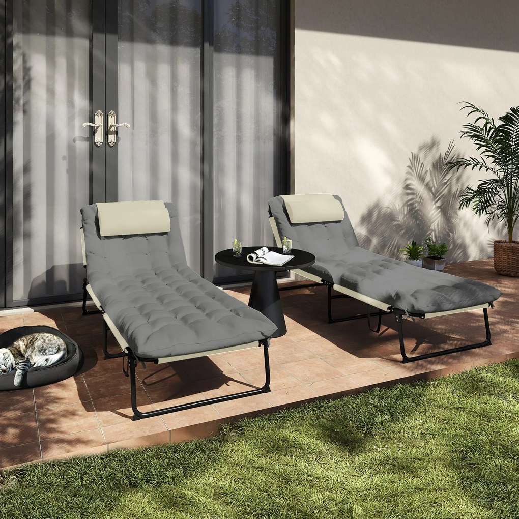 Outsunny Set de 2 șezlonguri pliabile cu spătar reglabil în 4 poziții - suport pentru cap și saltea groasă crem | Aosom Romania