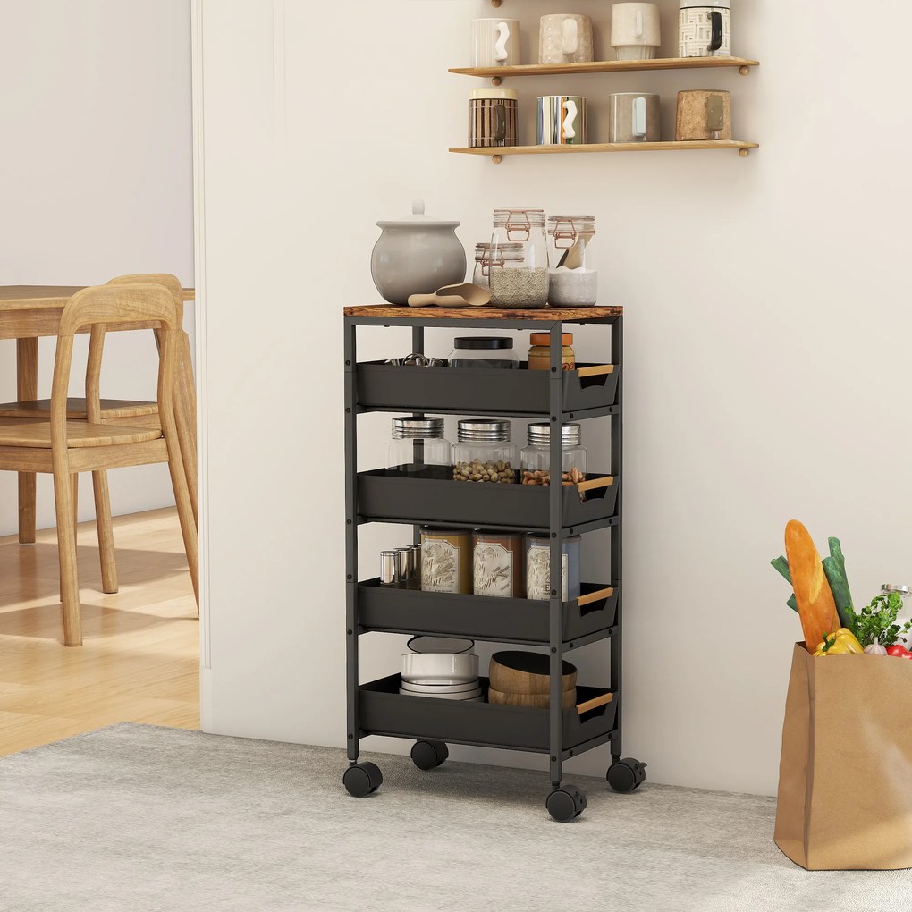 HOMCOM Cărucior de bucătărie cu 5 niveluri și 4 coșuri detașabile, din metal, PP și PAL, 39,5x24x82 cm, negru/stejar | Aosom Romania
