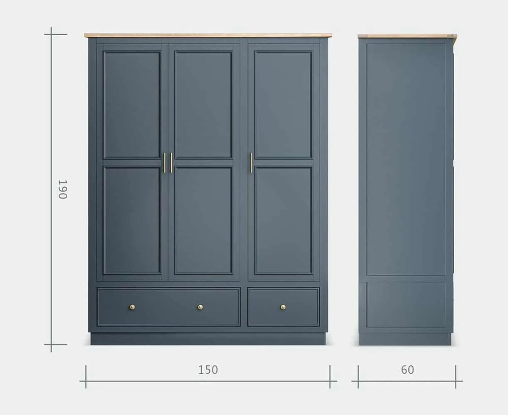 Dulap lemn masiv natur Richmond Albastru/, 150 × 60 × 190 cm