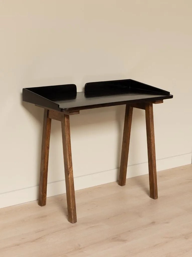 Birou vintage din lemn de mango, cu blat negru lăcuit și picioare conice, natur, finisaj lucios, 99×49.5×84.5 cm, „Beckett"