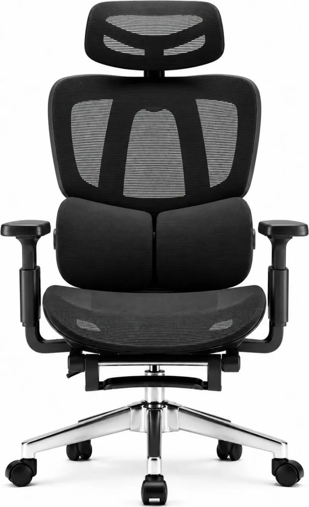 MILANO E06 Executive – Scaun Ergonomic cu Suport Lombar Reglabil în 2 Trepte, Tetieră Reglabilă, Cotiere 3D, Reclinare 135°, Suport pentru Picioare și Bază Metalică, Mesh, Negru