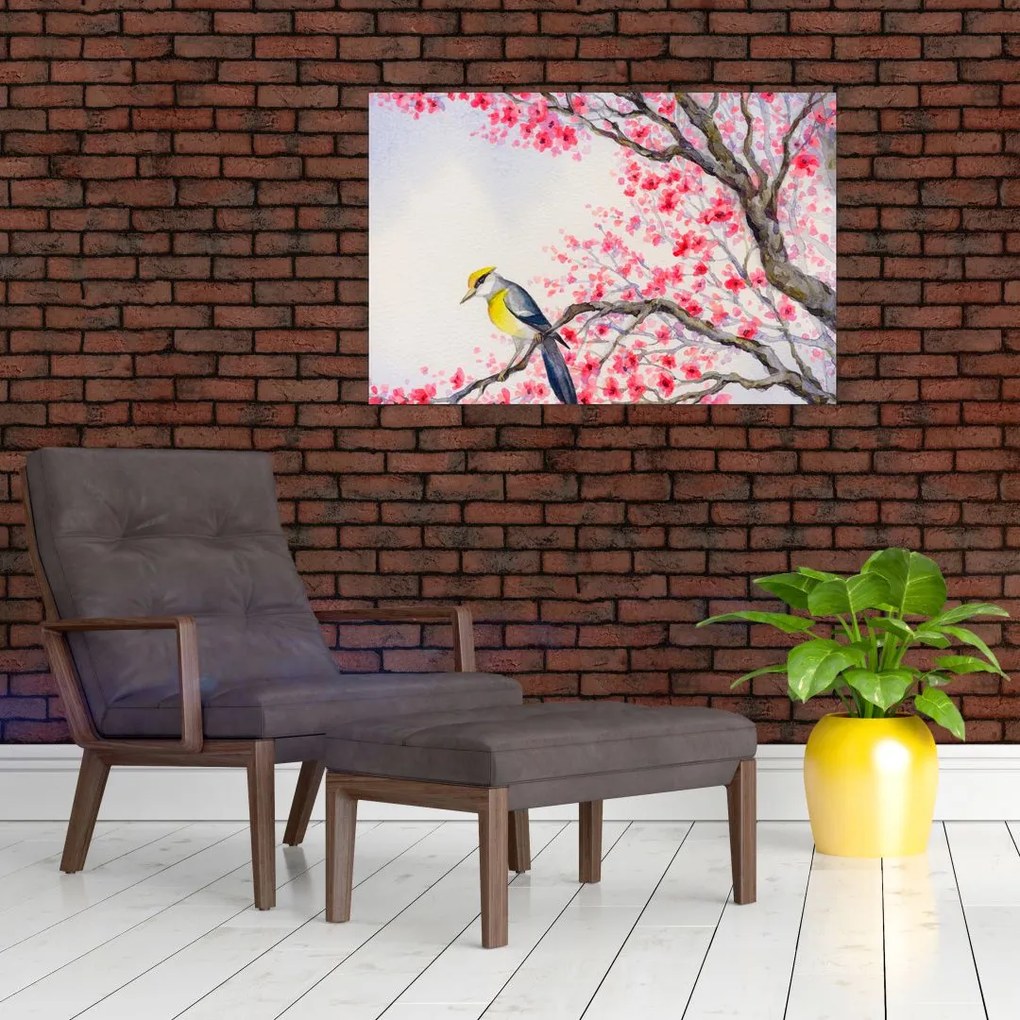 Tablou - Pasăre pe un copac cu flori roșii (90x60 cm)