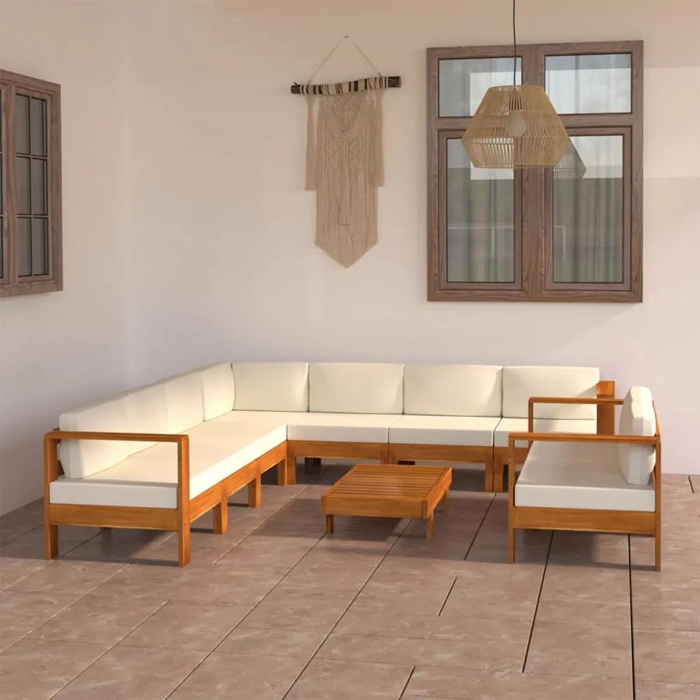 Set mobilier gradina perne alb crem, 9 piese, lemn masiv acacia